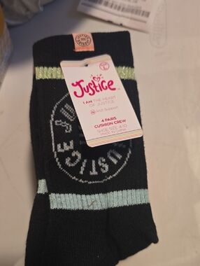 Justice Black Crew Socks with Light Blue and Gold Stripes